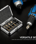 Pro Grade Countersink Drill Bit Set for Wood and Metal, 1/4 Inch Tri-Flat Shank, displayed in metal storage case with drill.