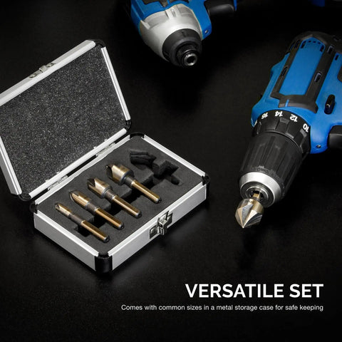 Pro Grade Countersink Drill Bit Set for Wood and Metal, 1/4 Inch Tri-Flat Shank, displayed in metal storage case with drill.