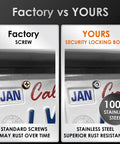 Comparison image of factory screw vs Real Deal M6 Stainless Steel License Plate Screws for Toyota Land Cruiser 250 2024, showing rust resistance.