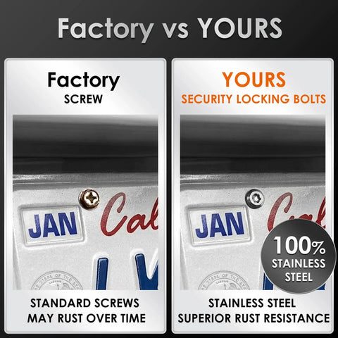 Comparison image of factory screw vs Real Deal M6 Stainless Steel License Plate Screws for Toyota Land Cruiser 250 2024, showing rust resistance.