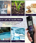 Collage showing uses of Three In One Digital pH EC Temperature Meter For Food And Fermentation with probe and LCD.