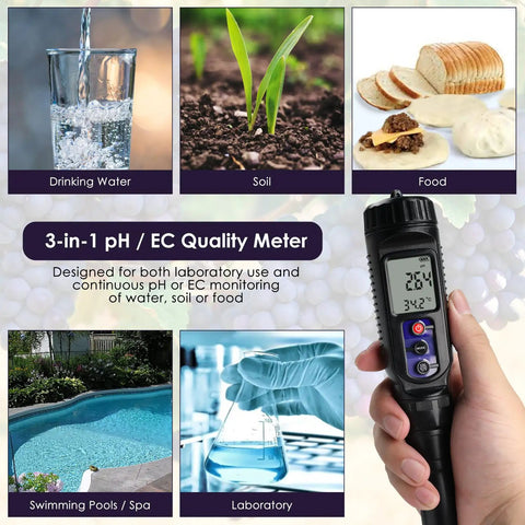 Collage showing uses of Three In One Digital pH EC Temperature Meter For Food And Fermentation with probe and LCD.