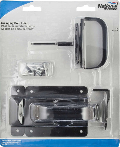 Heavy Duty Swinging Door Latch For Interior And Exterior Use With WeatherGuard Protection In Black packaging shown
