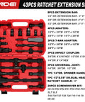 Heavy Duty Socket Set With One Quarter Inch Drive One Half Inch Drive And Three Eighths Inch Drive 43 Piece Kit Dual Head 72 Tooth Two Way Ratchet Handle With Adapters Extensions Universal Joints Coupler Black Built Tough Budget Friendly in red case