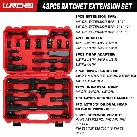 Heavy Duty Socket Set With One Quarter Inch Drive One Half Inch Drive And Three Eighths Inch Drive 43 Piece Kit Dual Head 72 Tooth Two Way Ratchet Handle With Adapters Extensions Universal Joints Coupler Black Built Tough Budget Friendly in red case