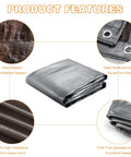 16 Ft By 20 Ft Heavy Duty Poly Tarp, 16 Mil Thick, Waterproof Tarpaulin With UV Protection, features shown in detail in silver brown