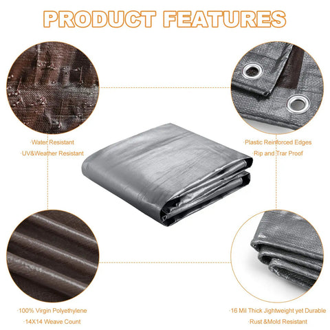 16 Ft By 20 Ft Heavy Duty Poly Tarp, 16 Mil Thick, Waterproof Tarpaulin With UV Protection, features shown in detail in silver brown