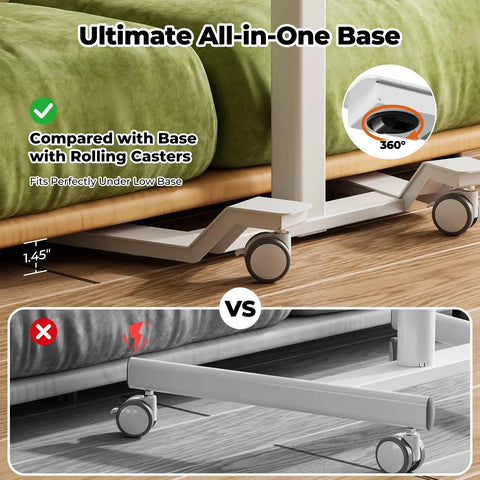 Adjustable Height Rolling Desk With Drawer Swivel Casters Mobile Standing Workstation slides under low base with 1.45" clearance.