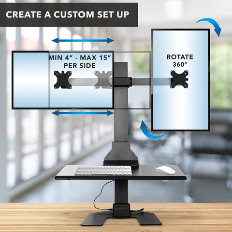 Electric Dual Monitor Sit Stand Desk Converter With 28 Inch Base Height Adjustable Desktop Riser And Two Monitor Mounts For Screens Up To 32 Inches A Simple Ergonomic Upgrade And Game Changer For Your Home Office School And Office, shown with rotating and movable monitor arms