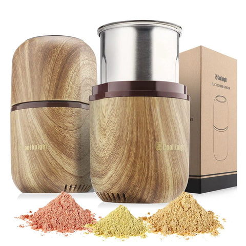 Electric Herb Grinder With Large Capacity And High Rotating Speed For Spices And Herbs Grind 120g In 5 To 10 Seconds One Hand Operation With Visual Lid For Coarse To Fine Grinding Wood Grain Finish Fast And Easy Kitchen Gadget displayed with wood grain finish next to ground spices.