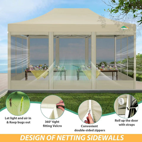 10 By 15 Heavy Duty Pop Up Canopy With Four Sidewalls And Mosquito Netting Easy Up Screen Tent For Outdoor Parties And Weddings