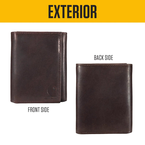 Oil Tan Leather Wallet For Men Durable Full Grain Leather Front Pocket Bi Fold Or Trifold Styles RFID Blocking And ID Window Soft Cotton Duck Lining Everyday Carry Gift For Him, showing front and back sides.