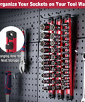 Magnetic Socket Rail Organizer For 3/8-Inch Drive Set Aluminum Alloy Socket Holder With 10 Red Clips mounted on a tool wall
