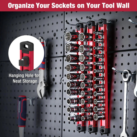 Magnetic Socket Rail Organizer For 3/8-Inch Drive Set Aluminum Alloy Socket Holder With 10 Red Clips mounted on a tool wall
