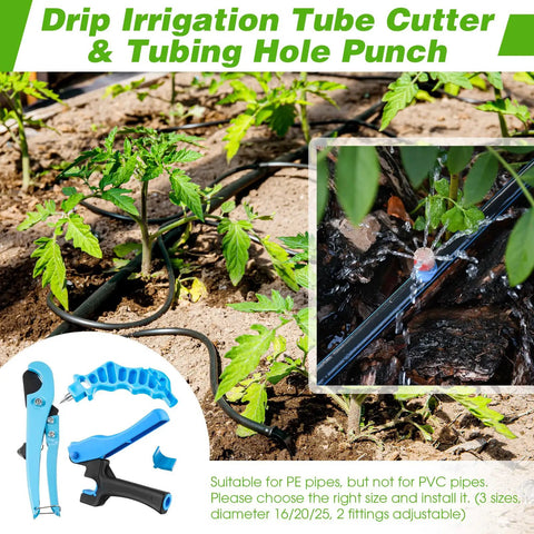 Drip Irrigation Tubing Cutter And Hole Punch Tool 2 In 1 for garden PE pipe shown cutting and punching in a garden setting
