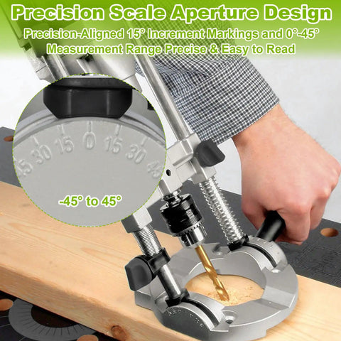Portable Drill Press Stand For Hand Drills Handy Adjustable Multi-Angle Holder Guide Fits 1.5-13mm Drill Bits Aluminum Alloy Lightweight And Compact 141mm Width By 297mm Height Drill Guide in use on wood with precision scale markings