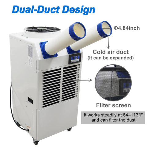 Heavy Duty 18700 BTU Mobile Industrial Air Conditioner With Smart Digital Interface And Dual Cooling Ducts For Quick Indoor Outdoor Job Site Cooling 110V No Fuss Portable Spot Cooler, dual-duct design with cold air ducts.