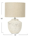 Distressed White Cement Table Lamp With Linen Drum Shade, Rustic Boho Chic Vibe For Farmhouse Cottage Or Vintage Living Rooms