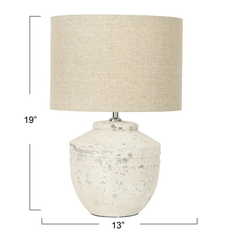 Distressed White Cement Table Lamp With Linen Drum Shade, Rustic Boho Chic Vibe For Farmhouse Cottage Or Vintage Living Rooms