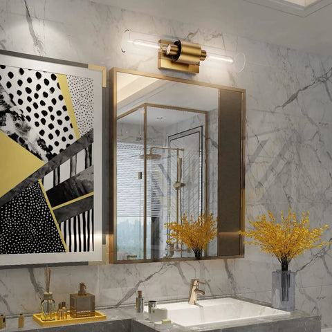 Bathroom with Stylish Modern 2 Light Vanity Light Fixture In Matte Gold With Clear Glass Up And Down Wall Sconces For Bathroom Bedroom Hallway And Kitchen Bulbs Not Included above mirror