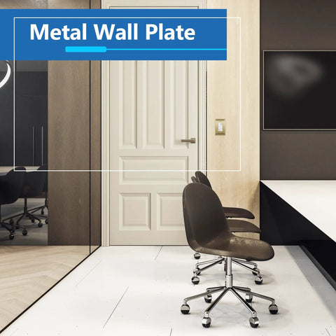 Brushed Brass Stainless Steel Wall Plate 1-Gang Outlet Cover in modern office, corrosion resistant, UL Listed, mid-size.