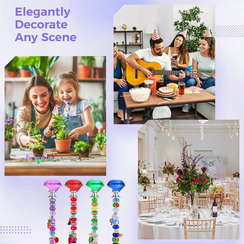 Assorted uses of 60-Piece Threaded Rod Kit in creative DIY garden decor and party settings with rhinestone heads.