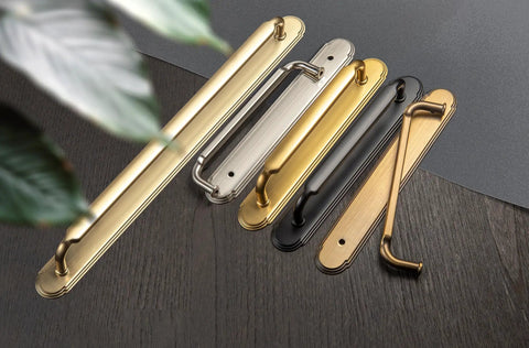 Six Pack Champagne Bronze Cabinet Pulls With Backplates And Spacers For Twelve Point Six Inch Hole Center Drawers Zinc Alloy Solid Kitchen Handles