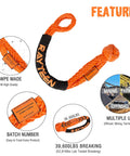 Heavy Duty Orange Uhmwpe Soft Shackle Half Inch X 22.83 Inch Reinforced Sleeve High Strength Tow Strap For Rock Crawlers To Get Your Rig Unstuck Quick with features highlighted.