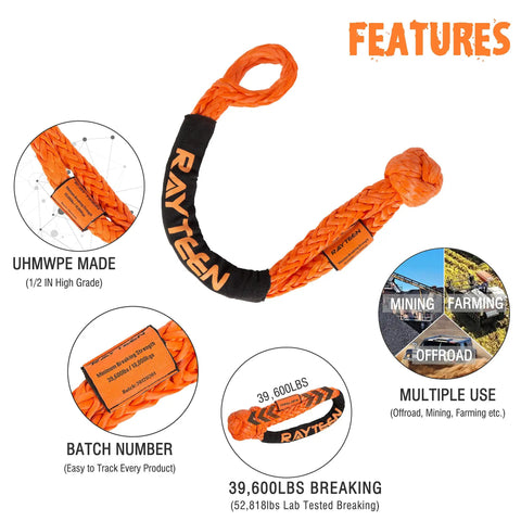 Heavy Duty Orange Uhmwpe Soft Shackle Half Inch X 22.83 Inch Reinforced Sleeve High Strength Tow Strap For Rock Crawlers To Get Your Rig Unstuck Quick with features highlighted.