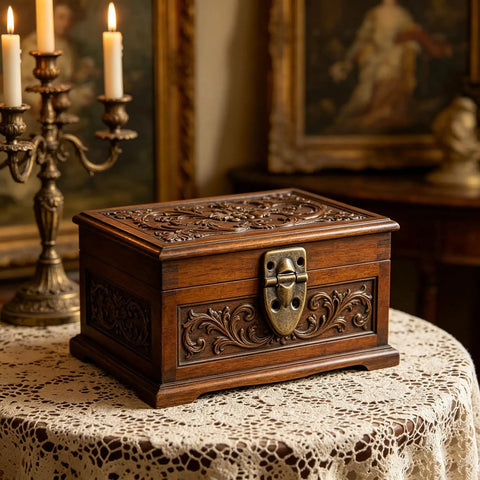 Vintage wood jewelry box with detailed carvings and lock, showcasing Retro Iron Suitcase Hinges 4 Pack With Installation Screws.