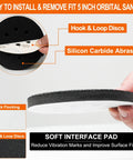 Side view of 5-inch 8-hole sanding disc with hook & loop backing, highlighting silicon carbide abrasive and soft interface pad.