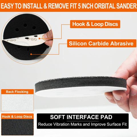 Side view of 5-inch 8-hole sanding disc with hook & loop backing, highlighting silicon carbide abrasive and soft interface pad.