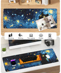 Starry Night Cat Mouse Pad 31.5 By 11.8 Large Desk Mat With Stitched Edges Non Slip Rubber Base On Office Desk With Accessories