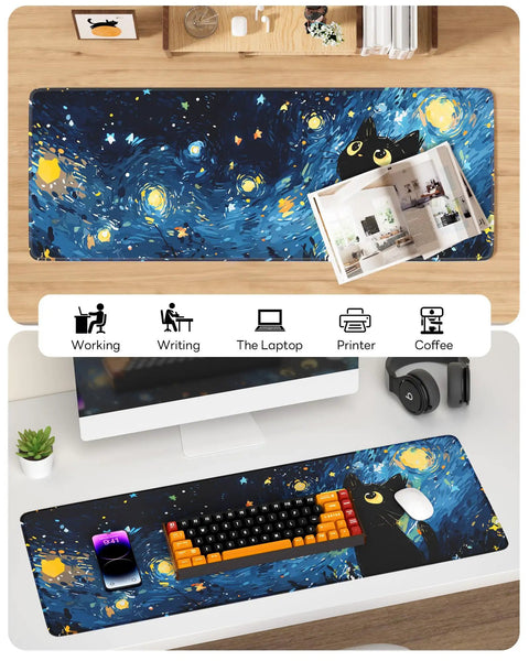 Starry Night Cat Mouse Pad 31.5 By 11.8 Large Desk Mat With Stitched Edges Non Slip Rubber Base On Office Desk With Accessories