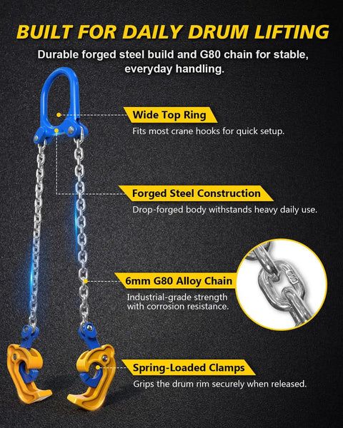 Heavy Duty 55 Gallon Drum Lifter With 1 Ton Capacity, Spring-Loaded Alloy Steel Jaws, G80 Chain Barrel Clamp, Crane Hook And Hoist Compatible, Moves Steel And Plastic Drums For Oil, Waste, Feed Handling; forged steel with top ring