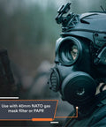 Kickass Full Face Respirator Mask For Tactical Civilians Premium CBRN Gas Mask Together With Chemical Respirator Featuring Top Shelf Air Purifying Filter Small Build with side filters and headgear.