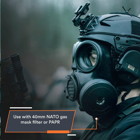 Kickass Full Face Respirator Mask For Tactical Civilians Premium CBRN Gas Mask Together With Chemical Respirator Featuring Top Shelf Air Purifying Filter Small Build with side filters and headgear.