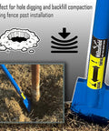 Two In One Beefy Post Hole Digging And Tamping Tool With Forty Eight Inch Dig Bar Spade Blade On One End And Round Tamper On The Other Heavy Duty Welded Steel For Fence Posts Landscaping And Gardening next to a hole