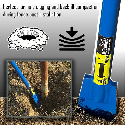 Two In One Beefy Post Hole Digging And Tamping Tool With Forty Eight Inch Dig Bar Spade Blade On One End And Round Tamper On The Other Heavy Duty Welded Steel For Fence Posts Landscaping And Gardening next to a hole