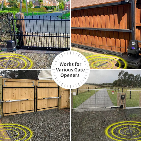 Collage of gates with sensor zones, showcasing Vehicle Exit Sensor Kit For Wired Driveway Gates With 50 Ft Cable, Hands Free Car Detector Wand