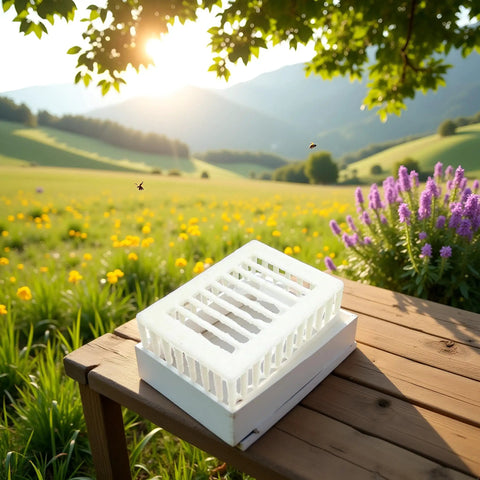 Queen Marker Cage Clip for Beekeeping Durable Plastic Queen Cage Catcher Tool on wooden table with scenic farm backdrop