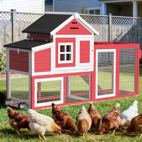 Mobile Chicken Coop On Wheels For Four To Six Chickens Yard Ready Outdoor Wooden Hen House With Nesting Box Weatherproof Roof Red