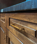 Side view of kitchen cabinet with Six Pack Antique Brass Cabinet Pulls in Zinc Alloy for Kitchen and Furniture, 5.04 Inch Center To Center 128mm