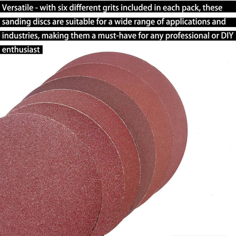 Six 6-inch PSA sanding discs fanned, red color, grits 80–400, sticky-back for DA sander
