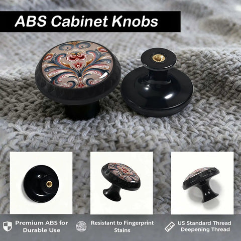 12 Pack Norwegian Brown Flower Cabinet Knobs With Classic Rosemaling Folk Art Swirling Vines And Gold Accents ABS detail