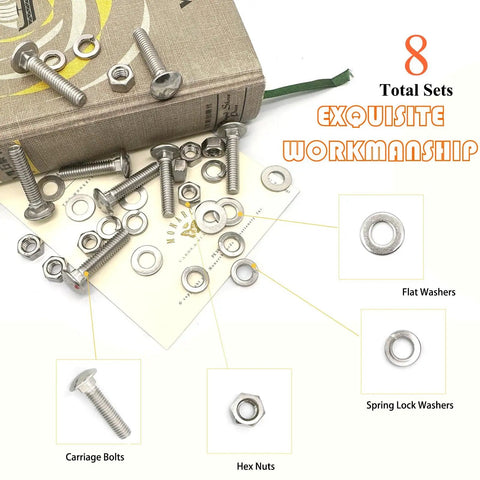 5/16-18 Carriage Bolts 1-1/2 Inch Round Head Square Neck Set with 304 Stainless Steel Hex Nuts, Flat Washers, Spring Lock Washers