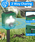 Solar Powered Outdoor Animal Repeller 2 Pack Ultrasonic Pest Deterrent With Motion Sensor And Flashing Light Waterproof Design Usb Charging Dual Power For Your Yard Guard Against Cats Deer Dogs Squirrels Easy Install Green mounted on stake