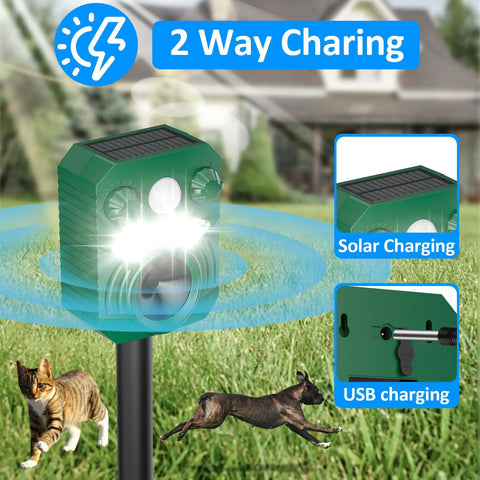 Solar Powered Outdoor Animal Repeller 2 Pack Ultrasonic Pest Deterrent With Motion Sensor And Flashing Light Waterproof Design Usb Charging Dual Power For Your Yard Guard Against Cats Deer Dogs Squirrels Easy Install Green mounted on stake