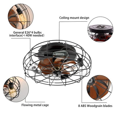 Low Profile 21 Inch Caged Ceiling Fan With Light And Remote Control, Reversible Motor, 360 Degree Metal Mesh Cage