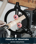 Woodturning Steady Rest For Twelve Inch, Fourteen Inch, And Sixteen Inch Swing Lathe in use on 16 inch lathe with raising blocks